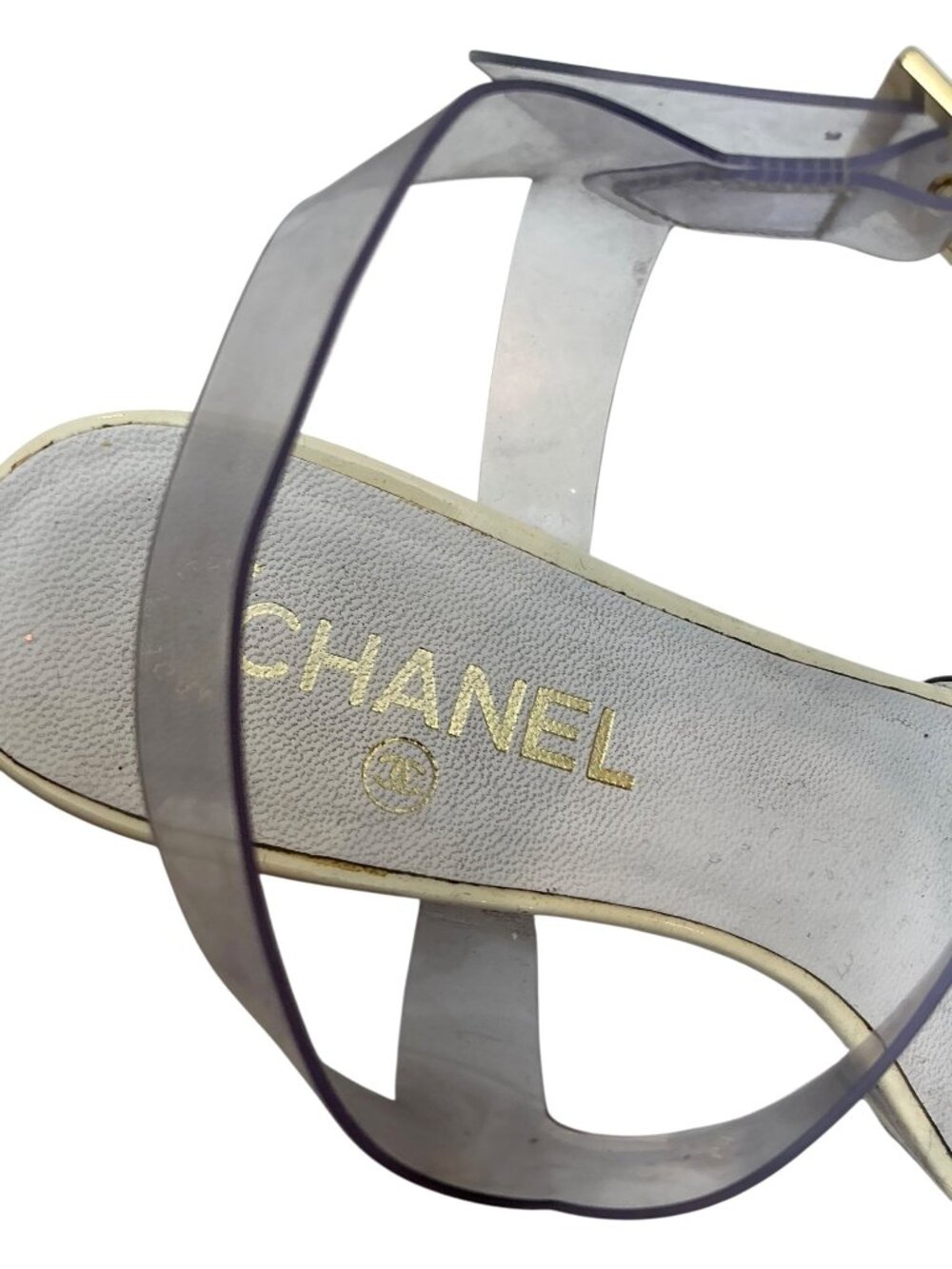 CHANEL Vintage Gold Wedge Platforms With PVC Straps sz 9.5 - Picture 12 of 16